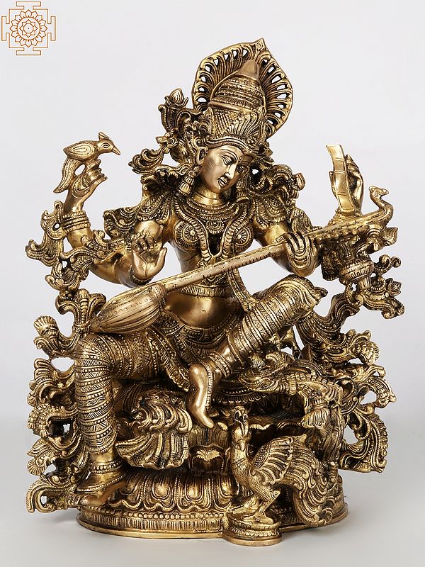 Four-Armed Saraswati Playing Veena In Brass | Handmade | Made In India