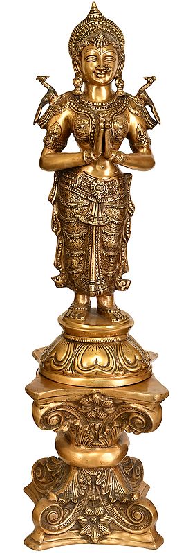 45" Beautiful Welcome Lady Doing Namaste on Brass Pedestal | Brass Statue | Handmade | Made In India
