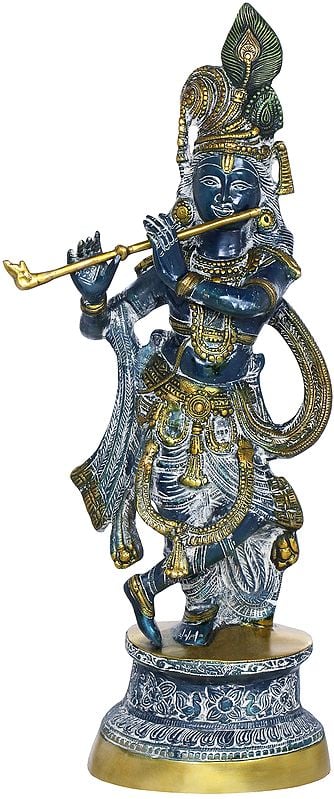24" Lord Krishna Playing Flute In Brass | Handmade | Made In India