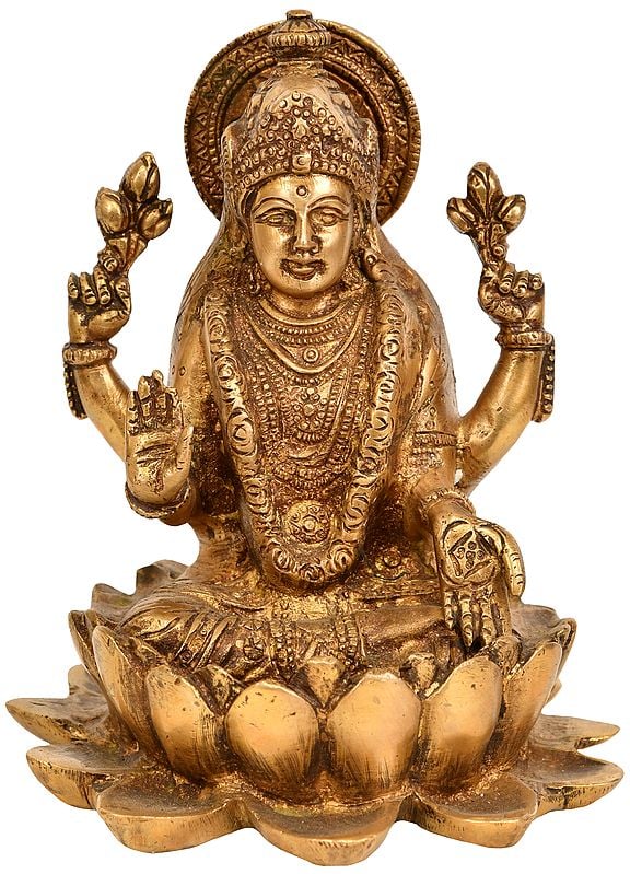6" Goddess Lakshmi Statue Seated on Lotus In Brass | Handmade | Made In India