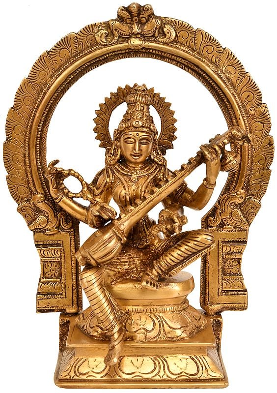 9" Goddess Saraswati Seated on Throne with Floral Aureole In Brass | Handmade | Made In India