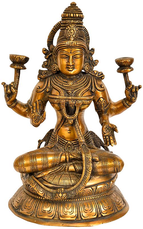 10" Goddess Lakshmi Seated on Lotus In Brass | Handmade | Made In India