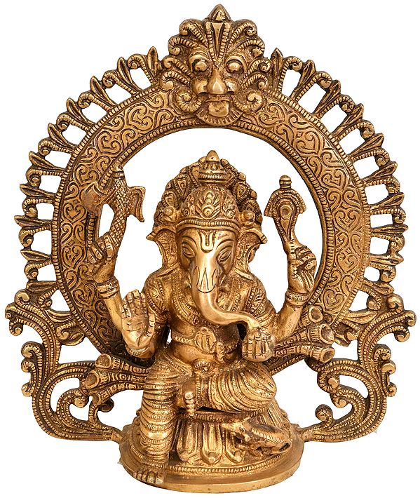 8" Lord Ganesha Seated on Lotus with Aureole In Brass | Handmade | Made In India