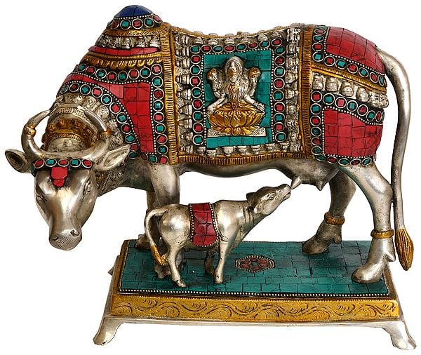 10" Inlay Cow and Calf (Over-Cloth Decorated with Lakshmi and ganesha) In Brass | Handmade | Made In India