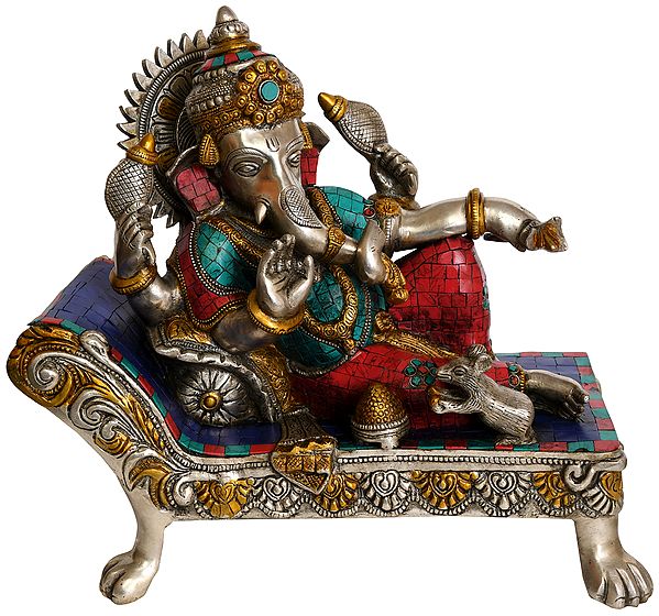 13" Relaxing Lord Ganesha Brass Statue with Inlay | Handmade | Made in India