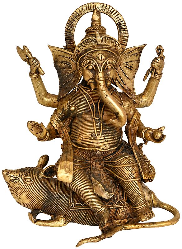 Lord Ganesha Riding on His Mouse (Tribal Statue from Bastar)
