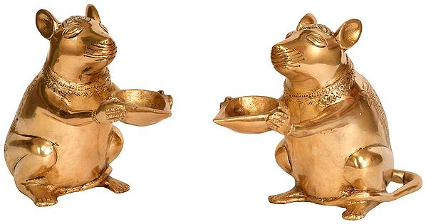 8" Ganesha's Rat Diya Pair In Brass | Handmade | Made In India
