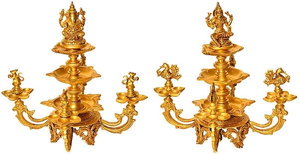 16" Ganesha-Lakshmi Wick Lamps (Set of Two Statues) In Brass | Handmade | Made In India