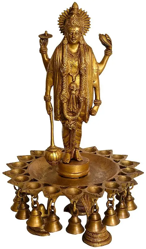 16" Lord Vishnu Wick Lamp with Hanging Bells In Brass | Handmade | Made In India
