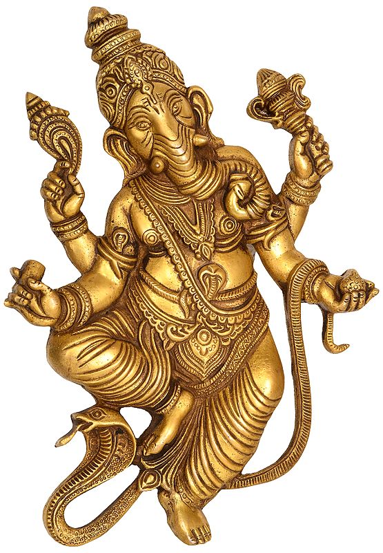 10" Serpent Ganesha Wall Hanging Flat Statue in Brass | Handmade | Made in India