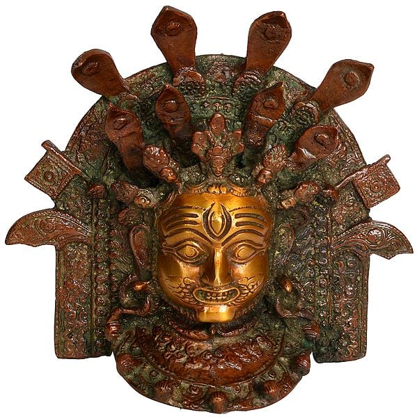 6" Lord Bhairava And A Multitude Of Snakes: Wall-Hanging Mask In Brass | Handmade | Made In India