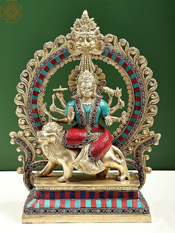 14" Goddess Durga Idol Seated on Lion with Aureole and Kirtimukha atop Inlay Work in Brass | Handmade