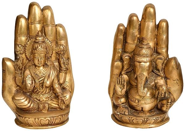 8" Lakshmi Ganesha in Hands (Set of Two Statues) In Brass | Handmade | Made In India