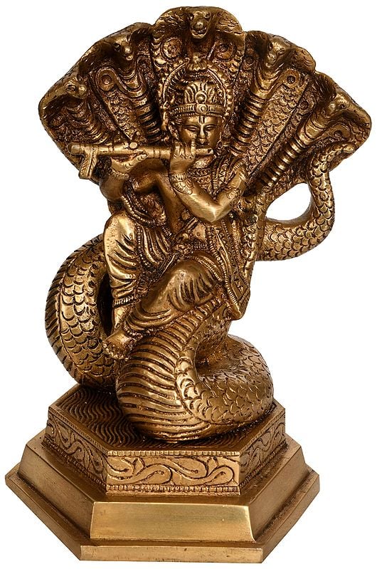 8" Murlidhar Krishna Seated on Kaliya In Brass | Handmade | Made In India