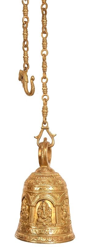 9" Lakshmi, Ganesha and Durga Temple Ceiling Bell In Brass | Handmade | Made In India