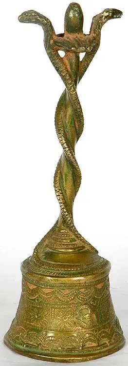 Handheld Puja Bell with Entwined Serpents and Shiva Linga