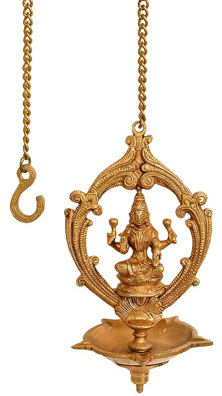 9" Five Wick Lakshmi Ceiling Puja Lamp In Brass | Handmade | Made In India