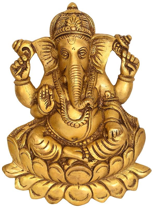 9" Lotus Ganesha Wall Hanging Flat Statue in Brass | Handmade | Made in India