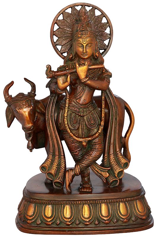 10" Krishna Idol with Cow | Handmade Brass Statue | Made in India