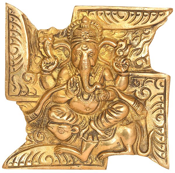 6" Ganesha Seated on Rat Wall Hanging (Flat Statue) In Brass | Handmade | Made In India