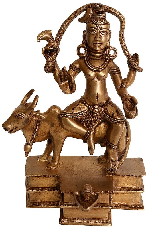 7" Lord Shiva on Nandi with Shiva Linga (Tribal Statue) In Brass | Handmade | Made In India