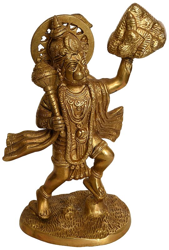 9" Lord Hanuman Lifting Sanjivani Mountain In Brass | Handmade | Made In India