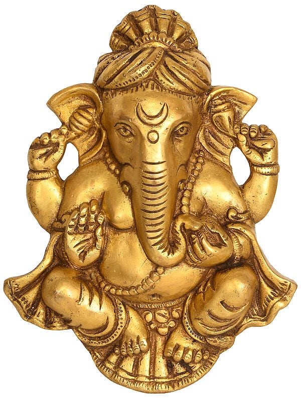 8" Turban Ganesha Wall Hanging (flat Statue) In Brass | Handmade | Made In India