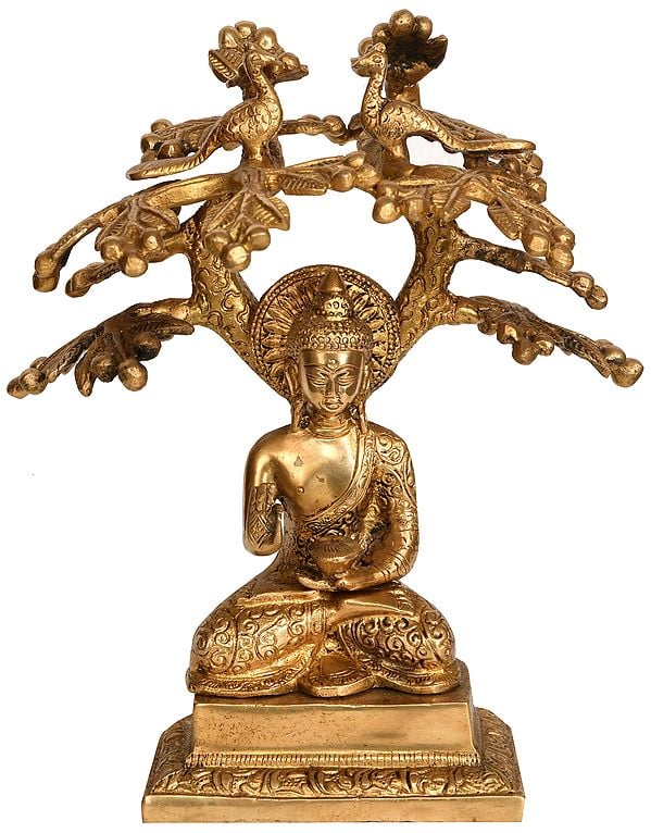 9" Tibetan Buddhist Deity Lord Buddha Under The Bodhi Tree In Brass | Handmade | Made In India