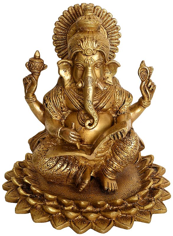 8" Lord Ganesha Seated on Blooming Lotus Scripting The Mahabharata In Brass | Handmade | Made In India