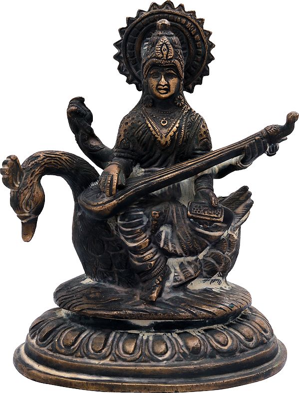 6" Goddess Saraswati Statue Seated on Swan In Brass | Handmade | Made In India