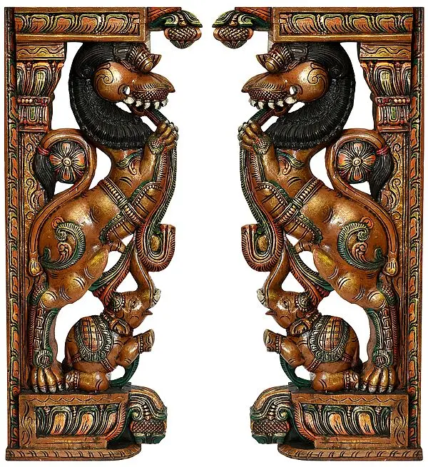 32" Traditional Yali Temple Pillars In Temple Wood | Made In South India By Hand