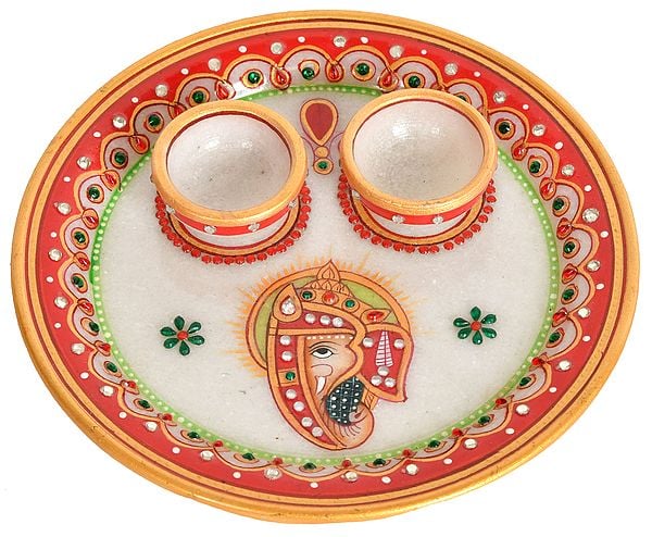 Marble Puja Plate with Two Attached Bowls