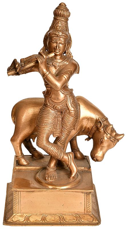 11" Fluting Krishna with His Cow In Brass | Handmade | Made In India