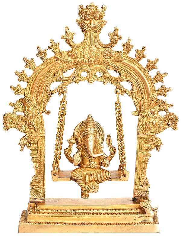 10" Shri Ganesha on a Swing with Kirtimukha Atop In Brass | Handmade | Made In India