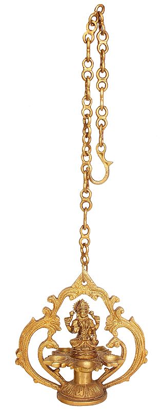 7" Goddess Lakshmi Hanging Five-wick Lamp in Brass | Handmade | Made in India