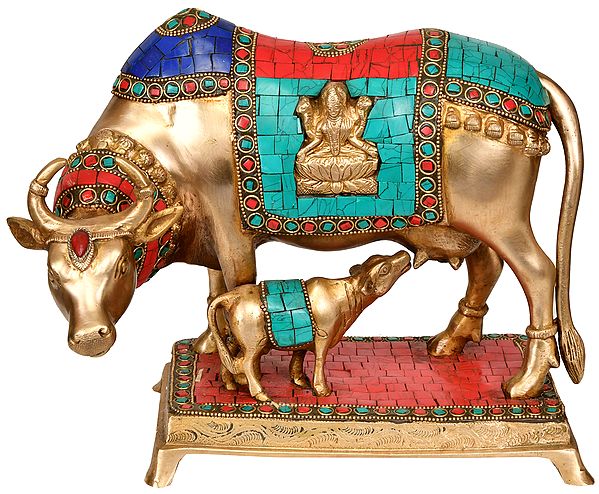 11" Cow and Calf (Saddle Decorated with Lakshmi Ganesha) In Brass | Handmade | Made In India