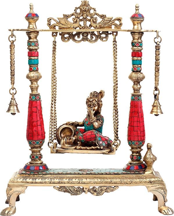 16" Butter Krishna on a Swing In Brass | Handmade | Made In India