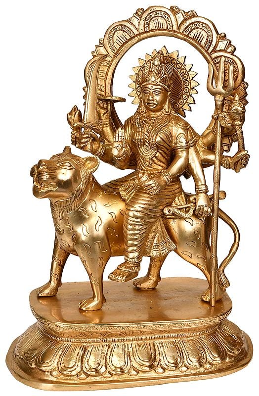12" Goddess Durga Seated on Lion In Brass | Handmade | Made In India
