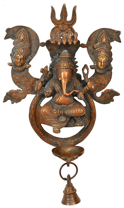 12" Lord Ganesha Wall Hanging Lamp with Trishul (Trident) and Devi Parvati in Brass | Handmade