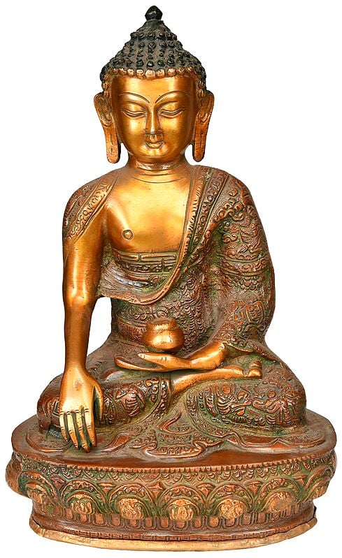 12" The Lord Buddha in Bhumisparsha Mudra (Robes Decorated with the Scenes from His Life) In Brass | Handmade | Made In India
