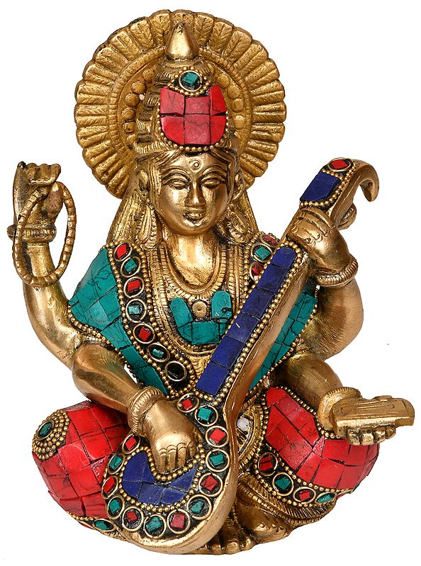 6" Goddess Saraswati Brass Sculpture | Handmade | Made in India