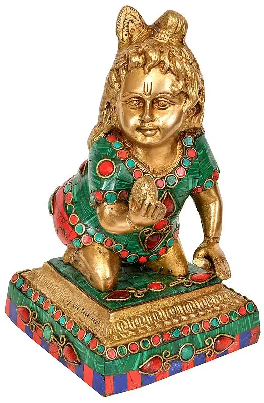 8" Laddoo-Gopala On All Fours In Brass | Handmade | Made In India