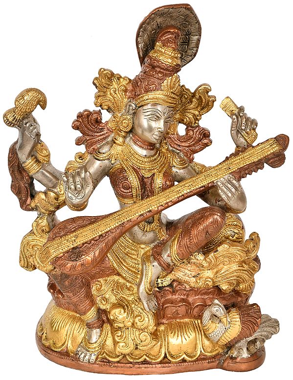 11" The Graceful Devi Sarasvati In Brass | Handmade | Made In India