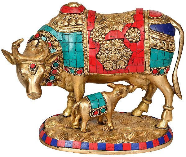 8" Cow and Calf Brass Statue - Most Sacred Animal of India | Handmade | Made in India