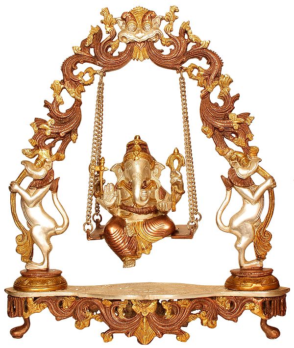 18" Lord Ganesha Statue on a Swing with Kirtimukha atop in Brass | Handmade | Made in India