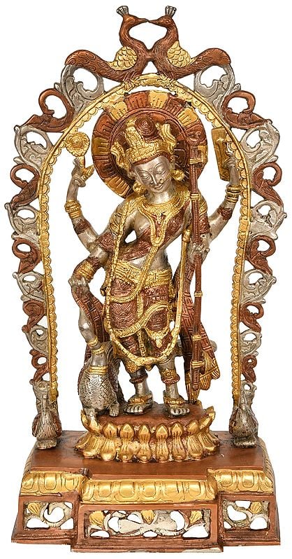 17" Standing Goddess Saraswati with Peacock In Brass | Handmade | Made In India