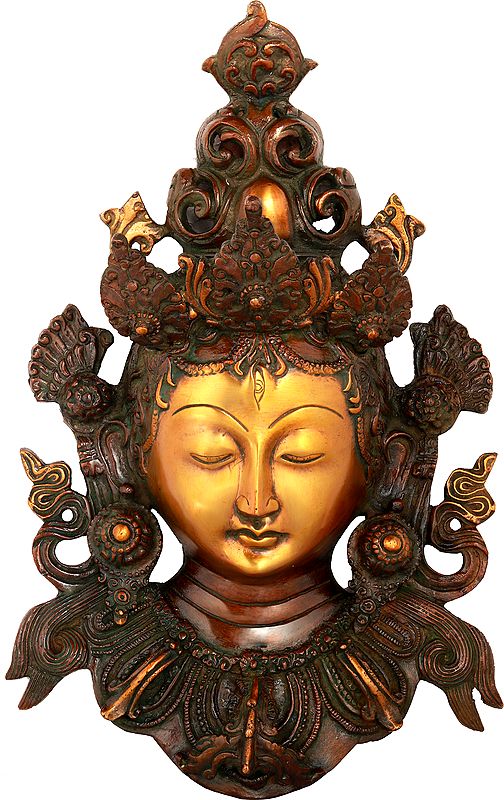 12" Golden Devi Tara Wall-Hanging Mask In Brass | Handmade | Made In India