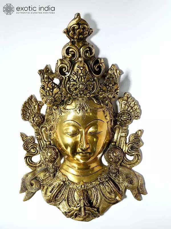 12" Golden Devi Tara Wall-Hanging Mask In Brass | Handmade | Made In India