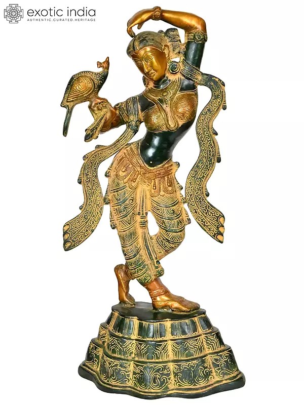 23" Apsara Statue with Peacock Applying Vermillion | Handmade Brass Murti