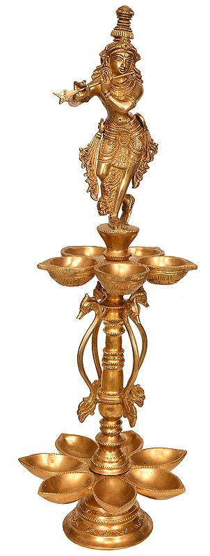 21" Twelve Wick Lord Krishna Lamp in Brass | Handmade | Made in India